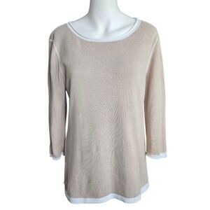 Lulu B Comfy 3/4 Sleeve Cotton Crew Neck Pullover Sweater Tan Size Med